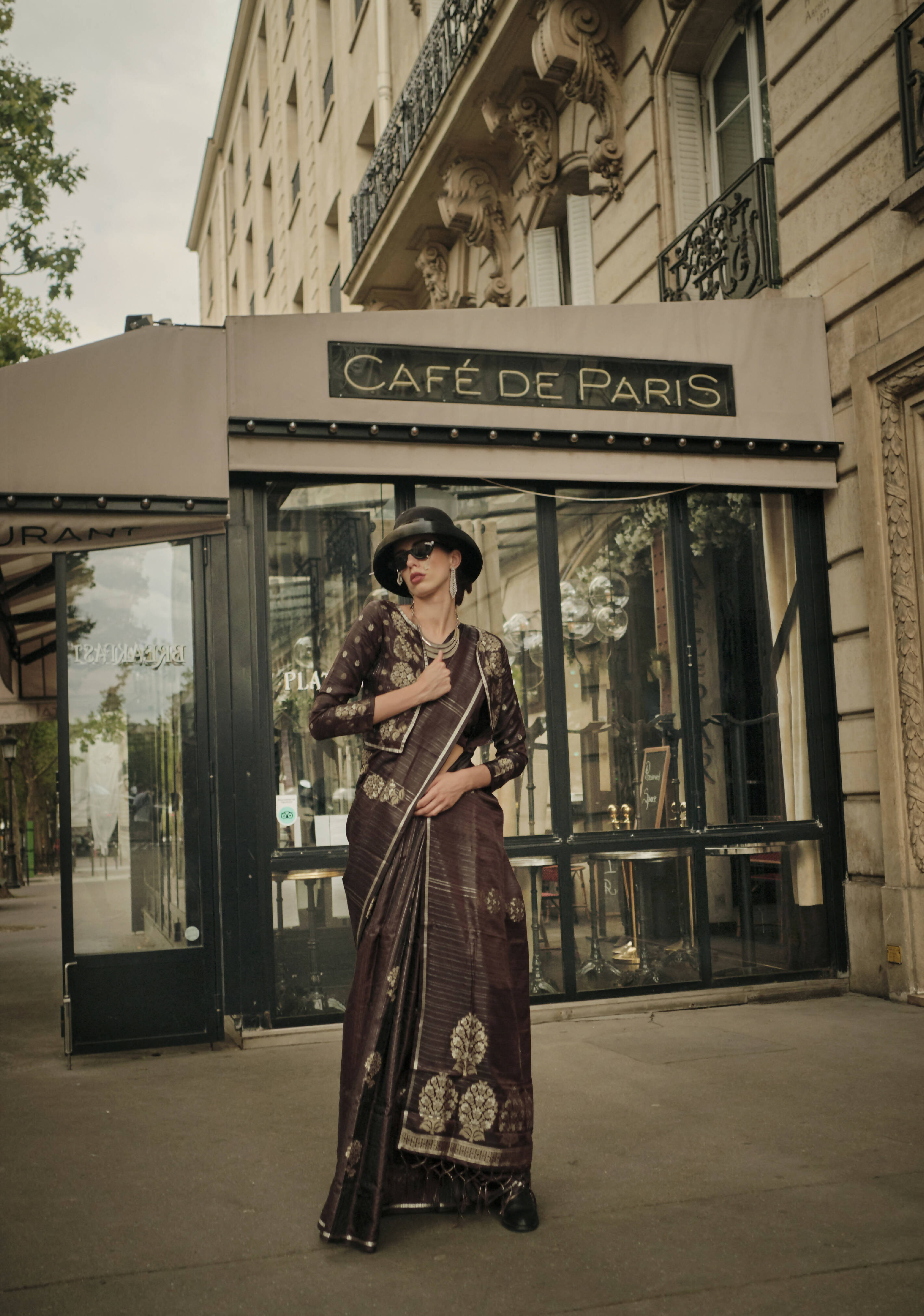 Walnut Brown Weavead Thread & Zari Work, Handloom Weaving Banarasi Satin Silk Saree - Rajtex Kronicle Silk | Grocsy
