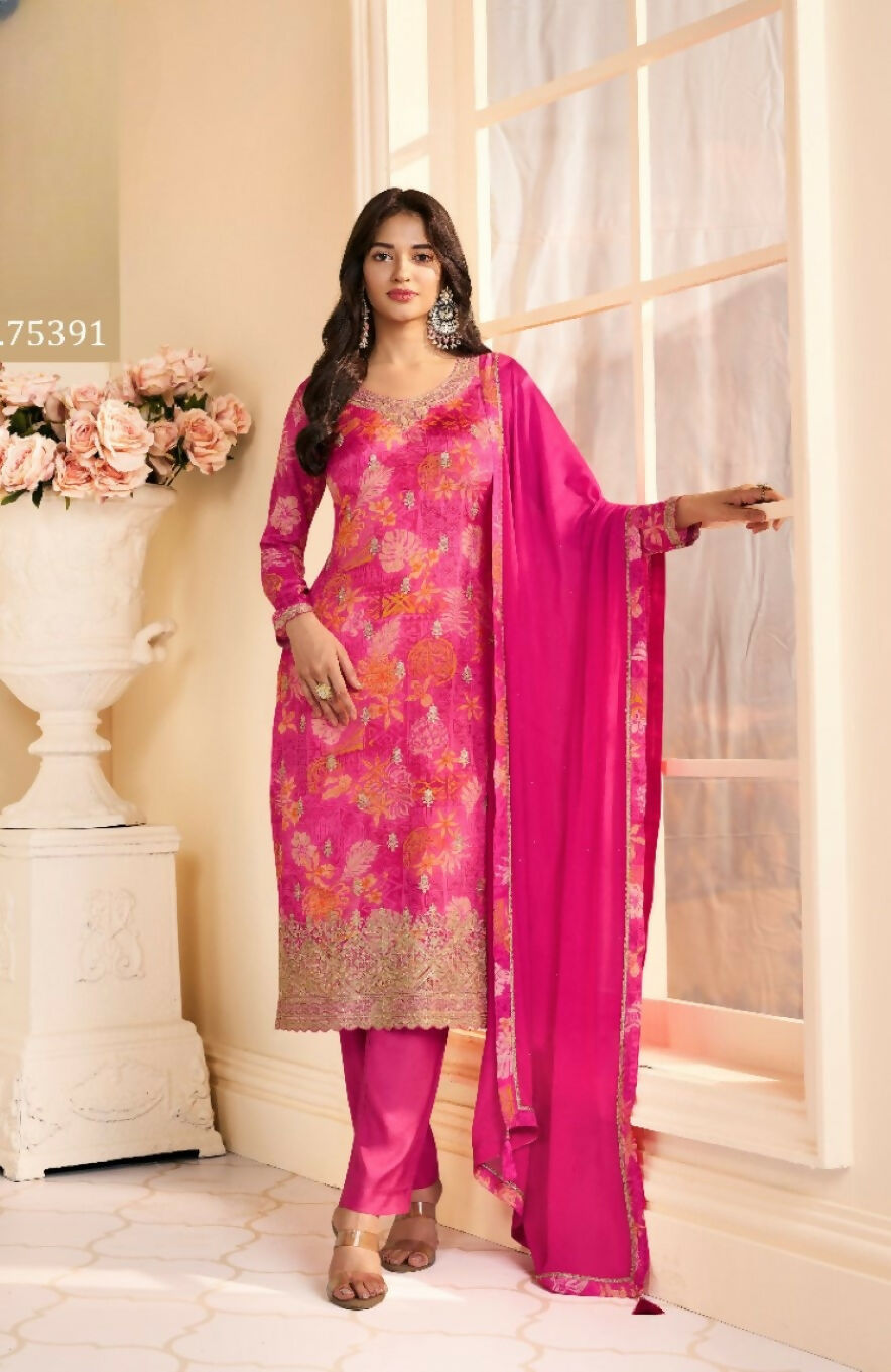 Anaita Magenta Chinon Stitched Suit with Multi Digital Print | Grocsy