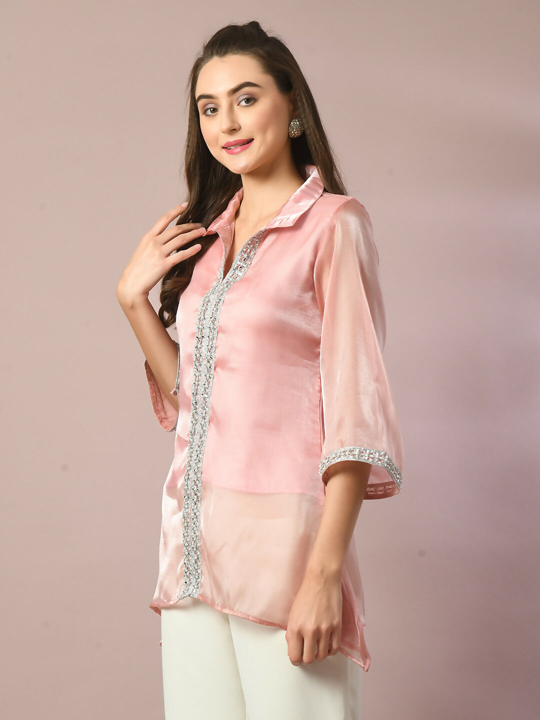 Myshka Women's Pink Solid Longline Party Tunic | Grocsy