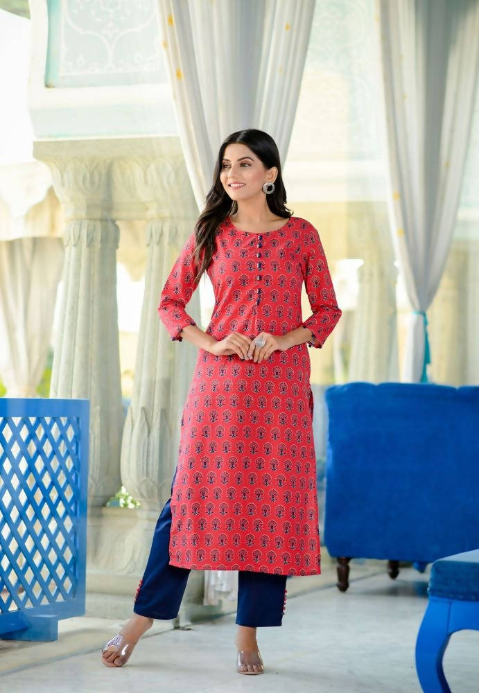 Yufta Women's Red Handblock Printed Kurta Set | Grocsy