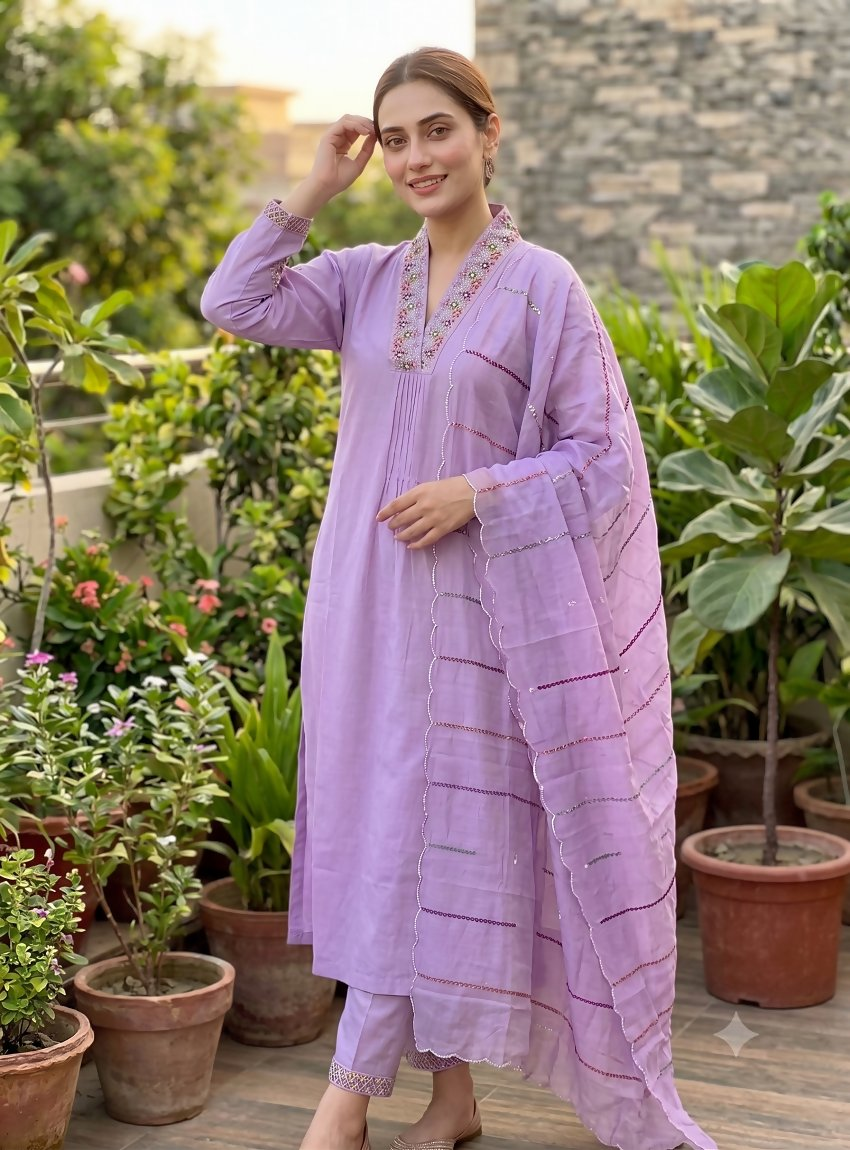 Teeya Creation Lavender Embroidered Silk Kurta Pant Set With Scalloped Dupatta | Grocsy