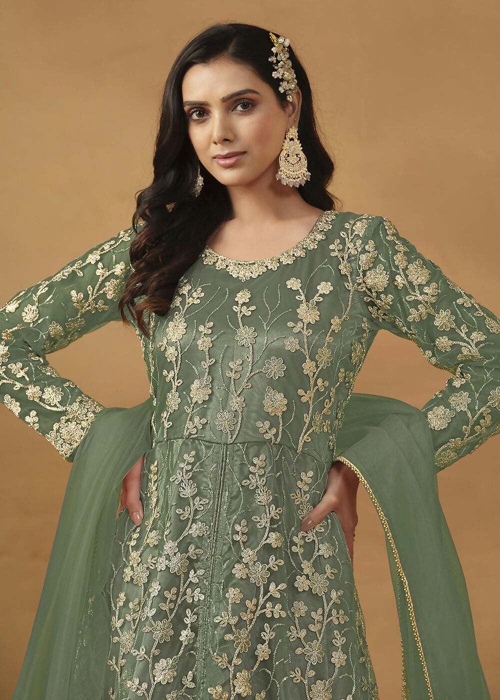 Pant Style Sage Green Embroidered Net Wedding Anarkali Suit - Emponline | Grocsy