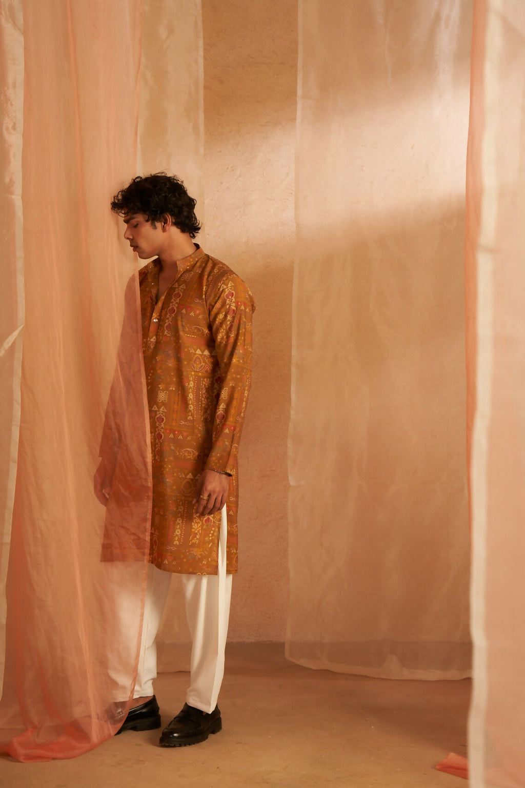 Brownish Yellow Modal Silk Designer Printed Men's Kurta Set - Mahotsav | Grocsy