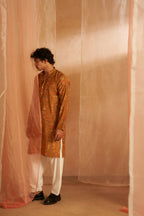 Brownish Yellow Modal Silk Designer Printed Men's Kurta Set - Mahotsav | Grocsy