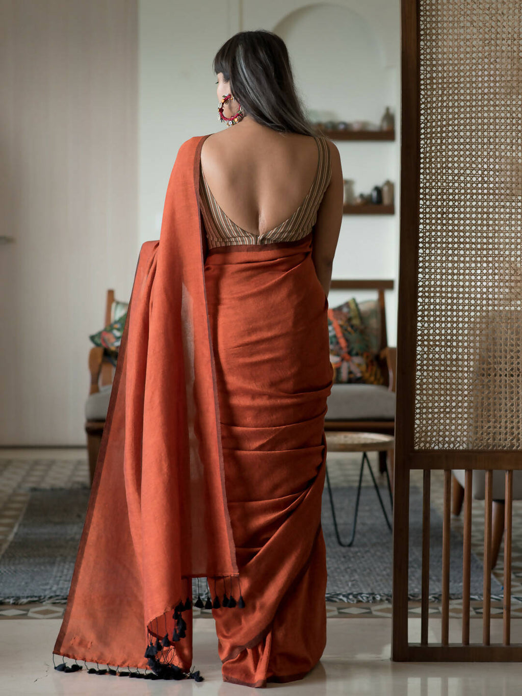 Suta Rust Solid Cotton Blend Saree | Grocsy