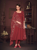 Jyoti Fashion Women's Maroon Georgette Embroidered Anarkali Kurta Pant Set With Dupatta | Grocsy