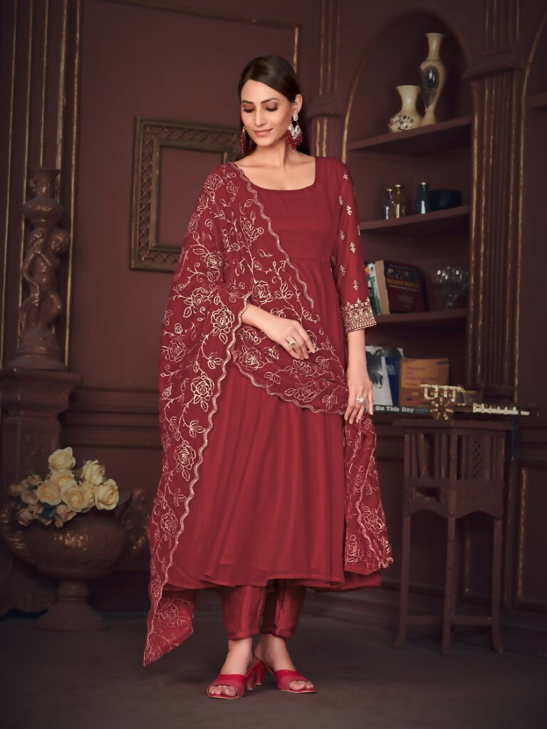 Jyoti Fashion Women's Maroon Georgette Embroidered Anarkali Kurta Pant Set With Dupatta | Grocsy