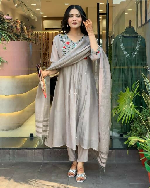 The52 Grey Women's Gorgeous Chinon Viscose Fabric Embroidered Work Straight Kurta Pant and Dupatta Set | Grocsy
