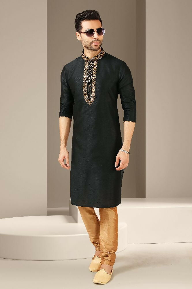 Raivat Ethnic Banarasi Art Silk Thread Work Kurta Pajama In Black Colour | Grocsy