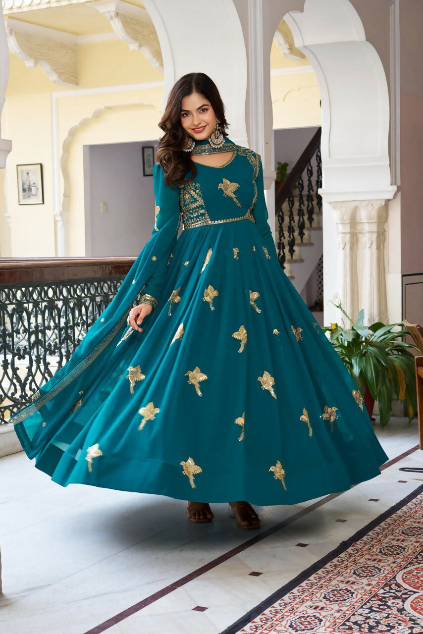 The52 Women's Gorgeous Faux Georgette Fabric Embroidery Work Flared Anarkali Pant and Dupatta Set | Grocsy