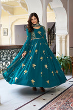 The52 Women's Gorgeous Faux Georgette Fabric Embroidery Work Flared Anarkali Pant and Dupatta Set | Grocsy
