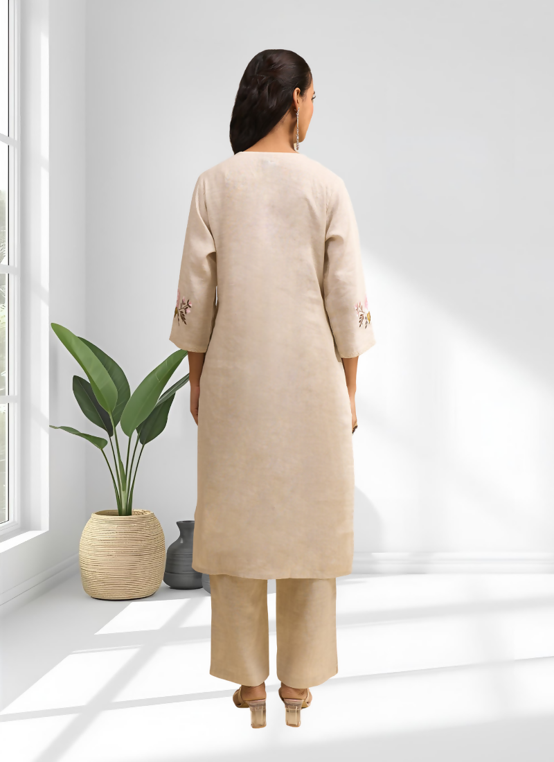 Joban Fashion Beige Linen Embroidered Readymade Long Kurta With Pant | Grocsy