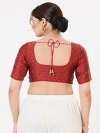 Joban Fashion Dark-Red Taffeta Silk Elbow Sleeveless Front Open Blouse | Grocsy