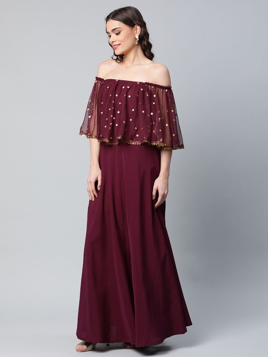 Ahalyaa Women Wine Colour Crepe & Net Gold Printed Dress | Grocsy