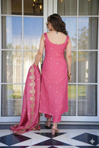 The52 Peach Women's Viscose Zari Chanderi Fabric Embroidered Work Straight Kurta, Pant and Dupatta Set | Grocsy