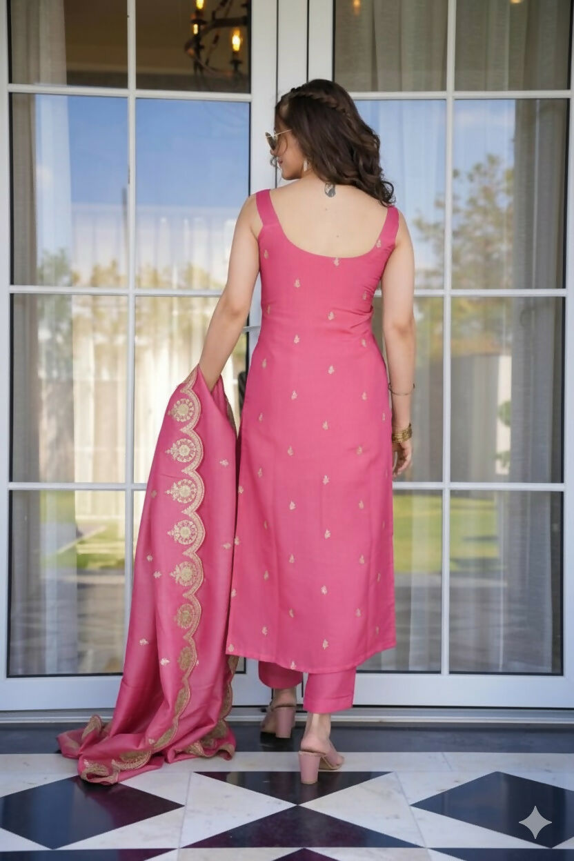 The52 Peach Women's Viscose Zari Chanderi Fabric Embroidered Work Straight Kurta, Pant and Dupatta Set | Grocsy