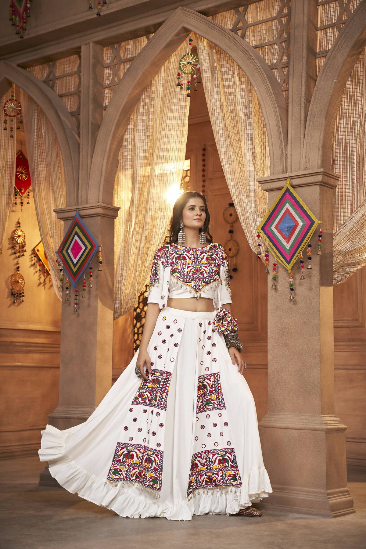White Viscose Rayon Thread Embroidered Work With Mirror All Over Navratri Lehenga Choli With Dupatta - Raas | Grocsy