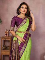 Aastha Fashion Parrot Green Kalamkari Silk Zari Woven Saree | Grocsy