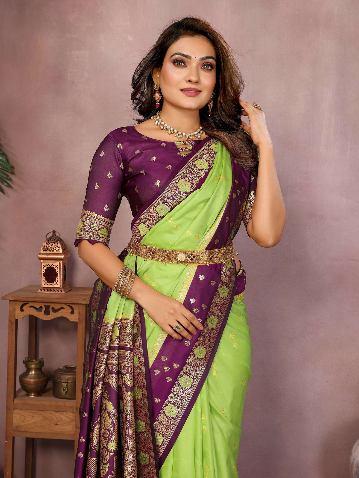 Aastha Fashion Parrot Green Kalamkari Silk Zari Woven Saree | Grocsy