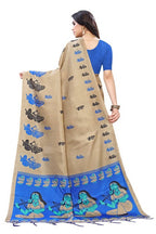 Vamika Brown Kalamkari Print With Jhalar Khadi Silk Saree (SHABRI ROYAL BLUE) | Grocsy