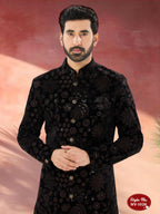 Joban Fashion Men's Black Base ( Brown ) Straight Velvet Thread And Sequence Embroidary All Over Indo-Western Kurta Set | Grocsy