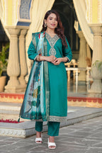 The52 Women's Beautiful Viscose Chanderi Fabric Embroidery Work Straight Kurta Pant and Dupatta Set | Grocsy
