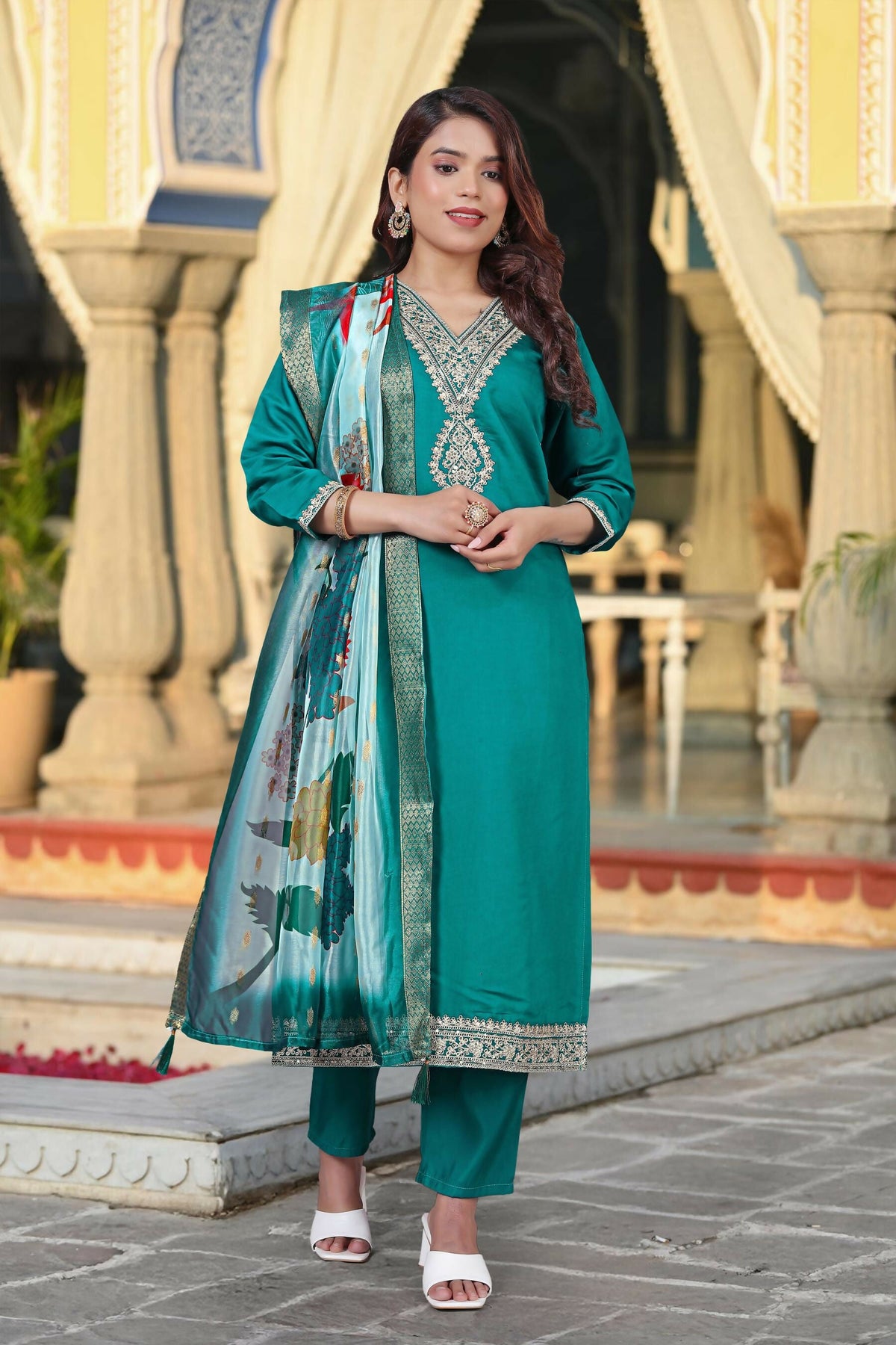The52 Women's Beautiful Viscose Chanderi Fabric Embroidery Work Straight Kurta Pant and Dupatta Set | Grocsy