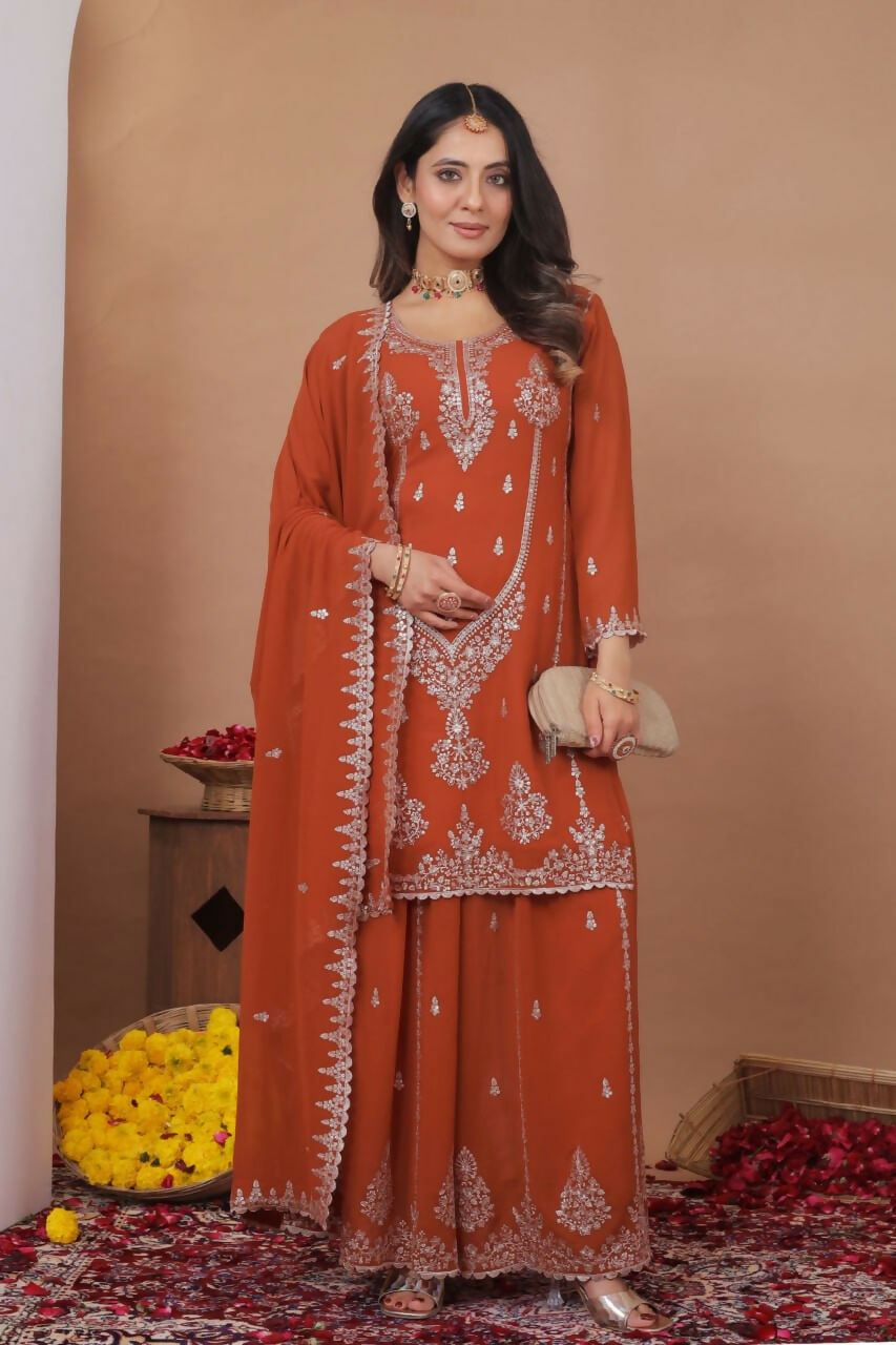 Teeya Creation Orange Color Faux Georgette Wedding Wear Trending Palazzo Set | Grocsy