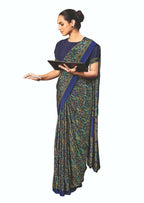 Joban Fashion Blue Crepe Silk with Traditional Print Saree | Grocsy