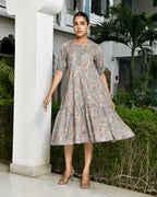 Vaasva Women's Grey Cotton Digital Printed Embroidered Placket Dress | Grocsy