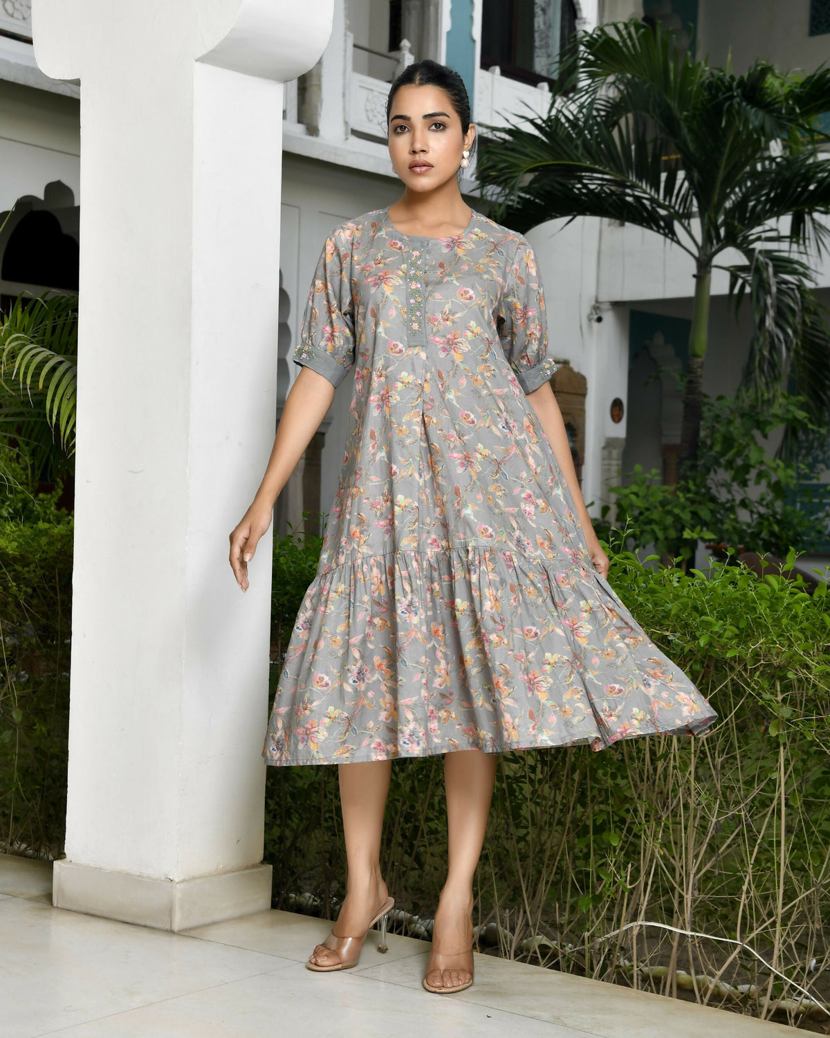 Vaasva Women's Grey Cotton Digital Printed Embroidered Placket Dress | Grocsy