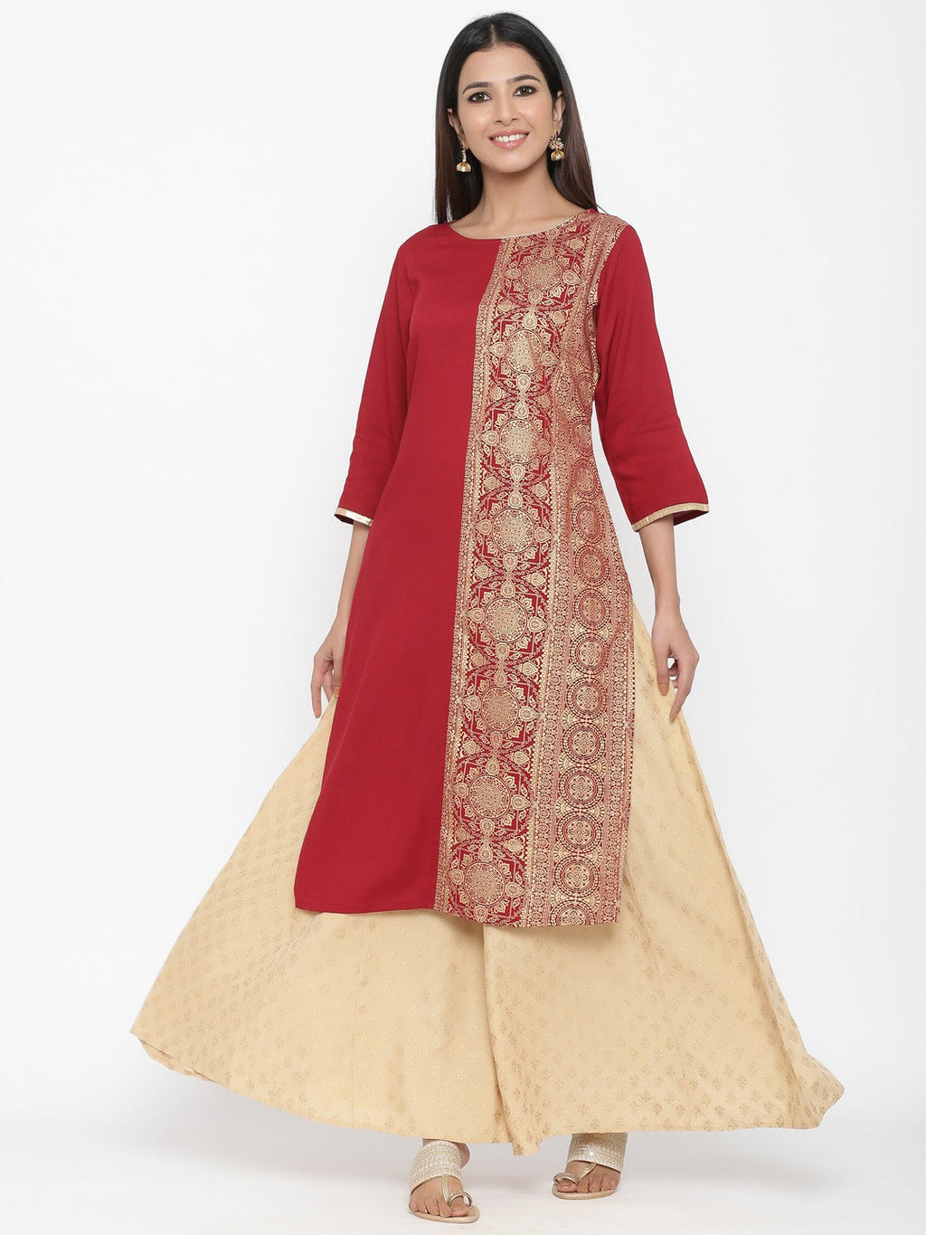 Juniper Maroon Rayon Printed Panelled Kurta | Grocsy