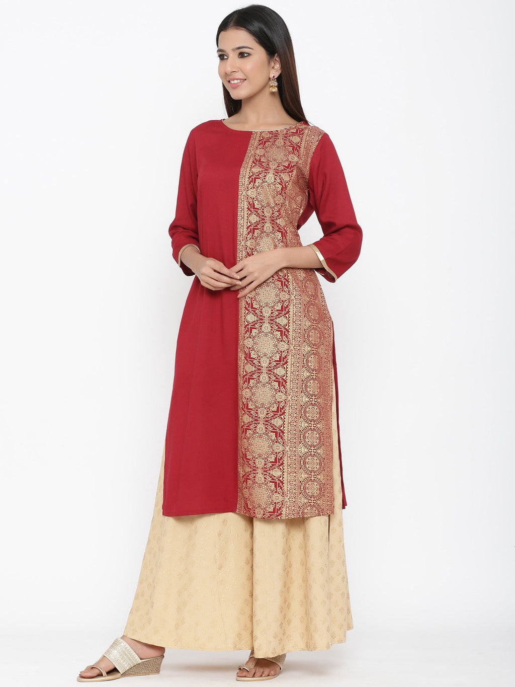 Juniper Maroon Rayon Printed Panelled Kurta | Grocsy