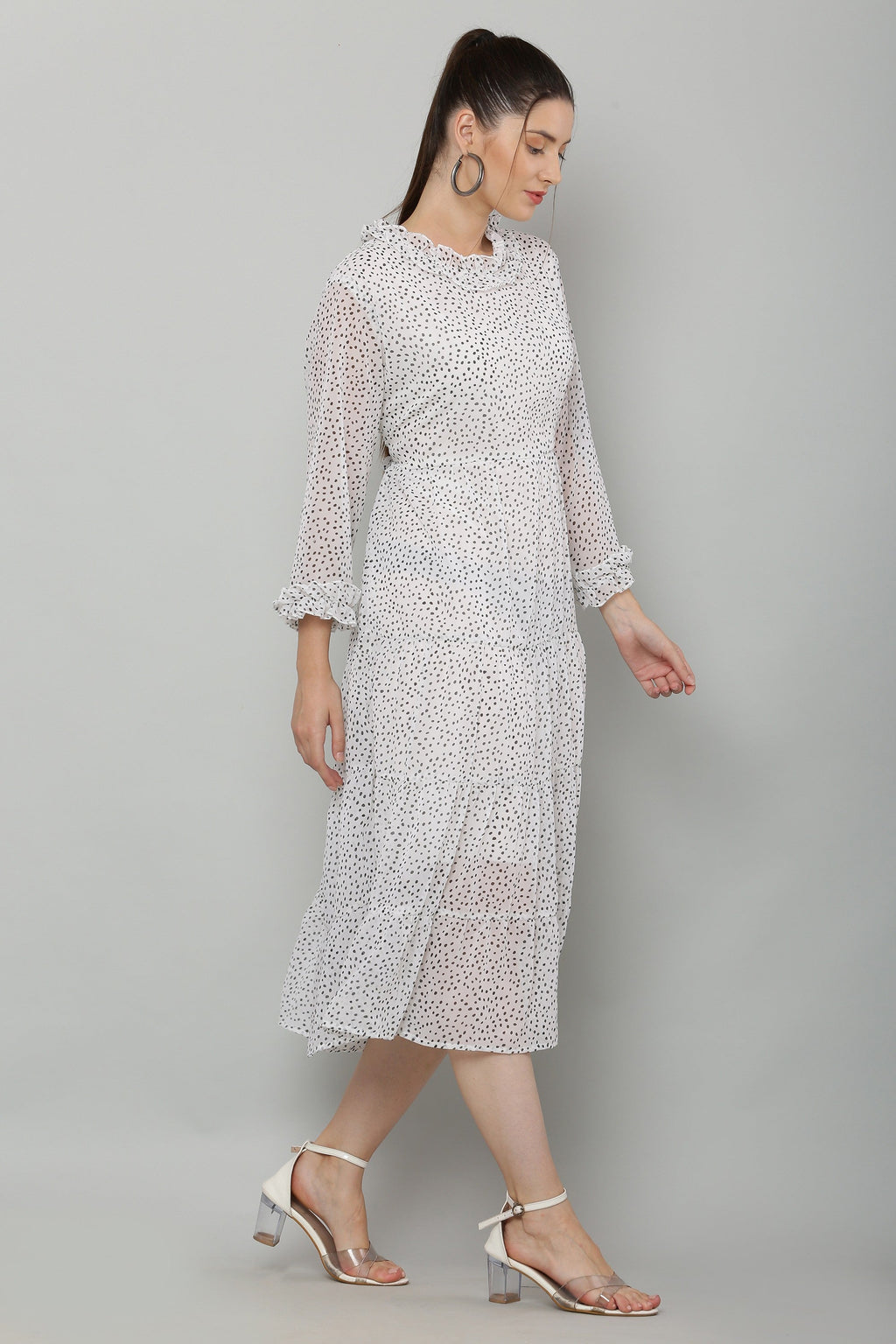 PAVONINE Micro Dots Frill-Neck Georgette Fabric White Dress For Women | Grocsy
