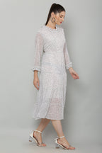 PAVONINE Micro Dots Frill-Neck Georgette Fabric White Dress For Women | Grocsy