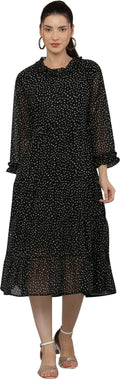 PAVONINE Micro Dots Frill-Neck Georgette Fabric Black Dress For Women | Grocsy