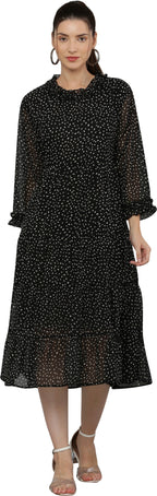 PAVONINE Micro Dots Frill-Neck Georgette Fabric Black Dress For Women | Grocsy