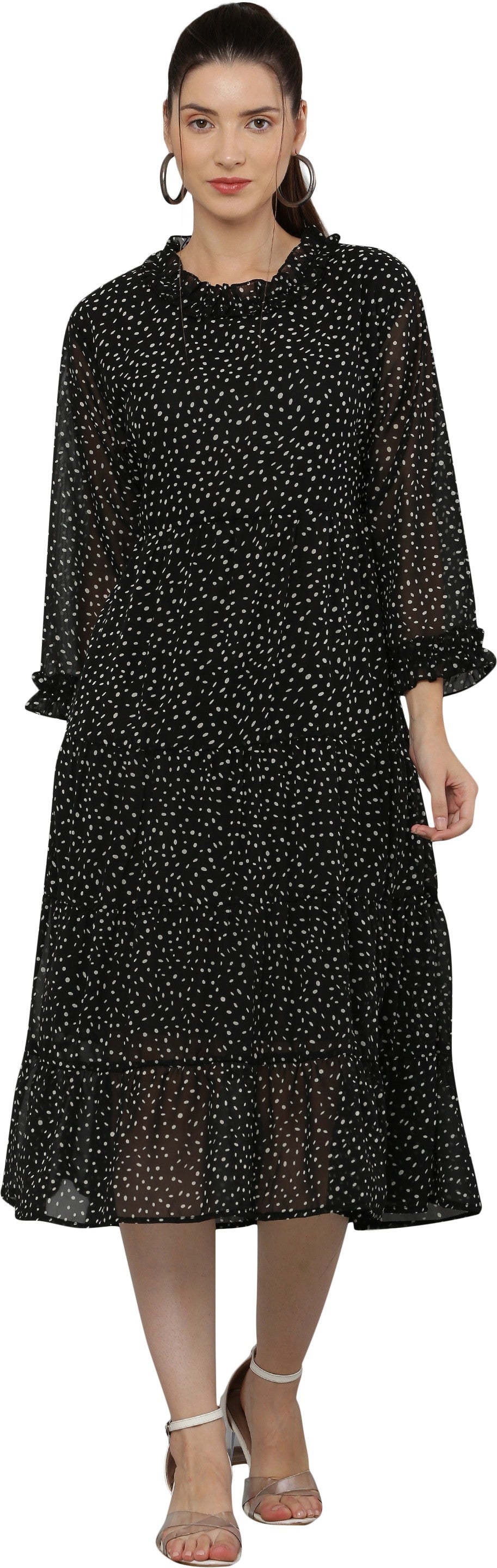 PAVONINE Micro Dots Frill-Neck Georgette Fabric Black Dress For Women | Grocsy