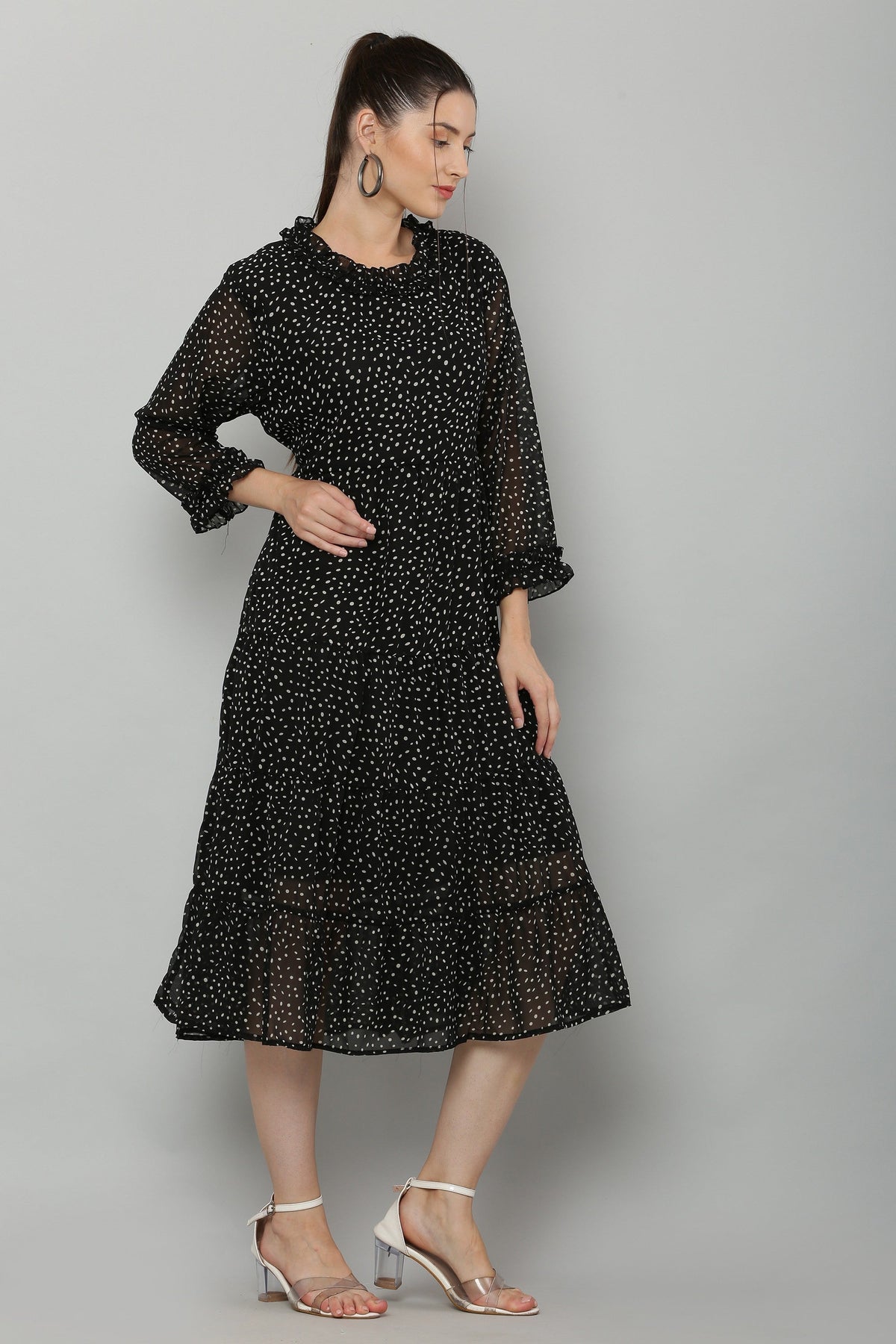 PAVONINE Micro Dots Frill-Neck Georgette Fabric Black Dress For Women | Grocsy