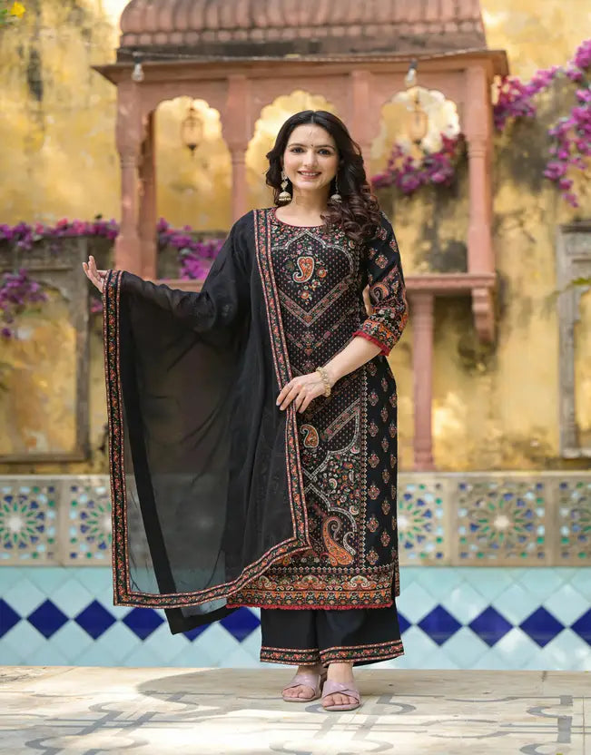 Juniper Women Viscose Rayon Kurta Palazzo Dupatta Set | Grocsy
