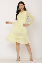 PAVONINE Lemon Color Georgette Fabric Lace Inserts Dress For Girls | Grocsy
