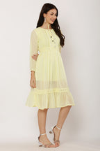 PAVONINE Lemon Color Georgette Fabric Lace Inserts Dress For Girls | Grocsy