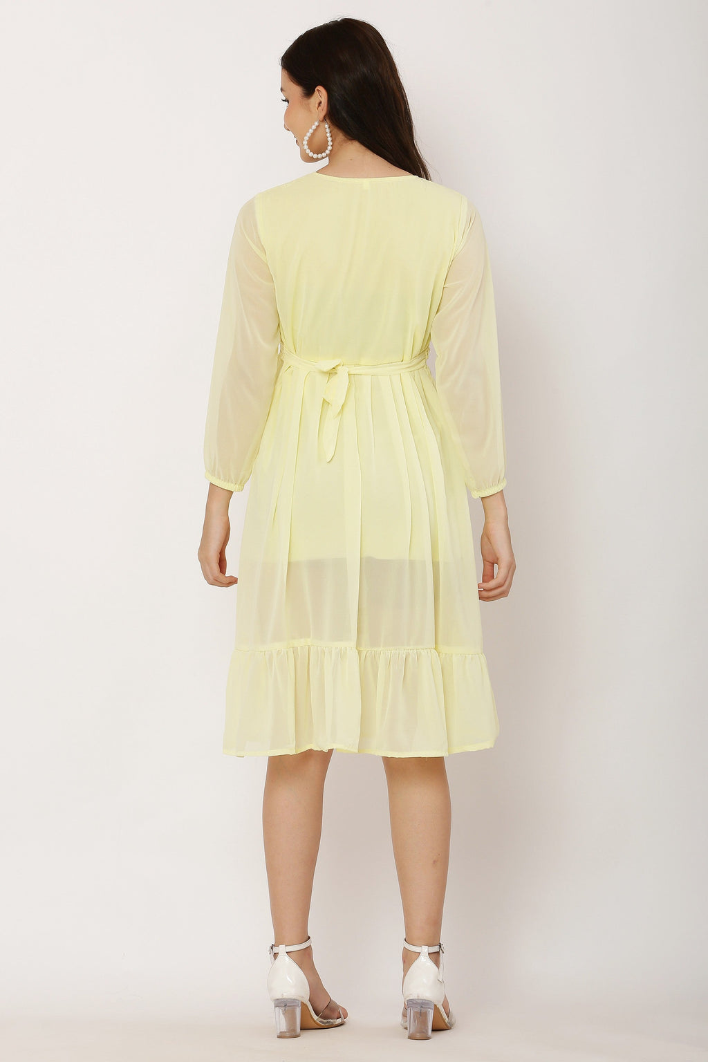 PAVONINE Lemon Color Georgette Fabric Lace Inserts Dress For Girls | Grocsy
