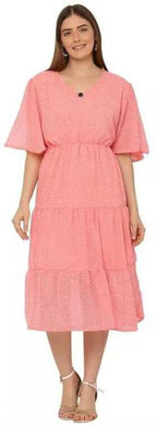 PAVONINE Micro Dots V-Neck Georgette Fabric Peach Dress For Women | Grocsy