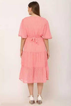 PAVONINE Micro Dots V-Neck Georgette Fabric Peach Dress For Women | Grocsy