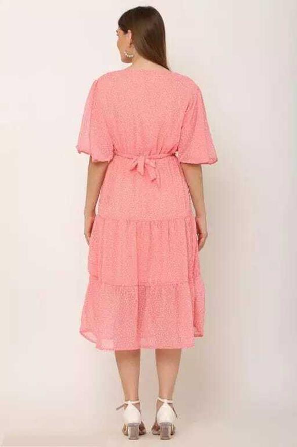 PAVONINE Micro Dots V-Neck Georgette Fabric Peach Dress For Women | Grocsy