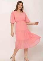 PAVONINE Micro Dots V-Neck Georgette Fabric Peach Dress For Women | Grocsy