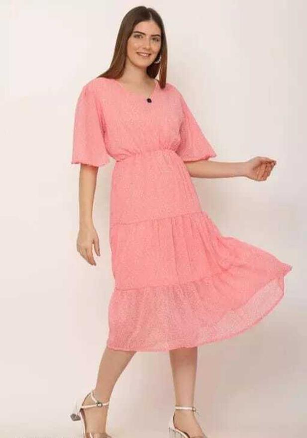 PAVONINE Micro Dots V-Neck Georgette Fabric Peach Dress For Women | Grocsy