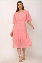 PAVONINE Micro Dots V-Neck Georgette Fabric Peach Dress For Women | Grocsy