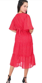 PAVONINE Micro Dots V-Neck Georgette Fabric Red Dress For Women | Grocsy